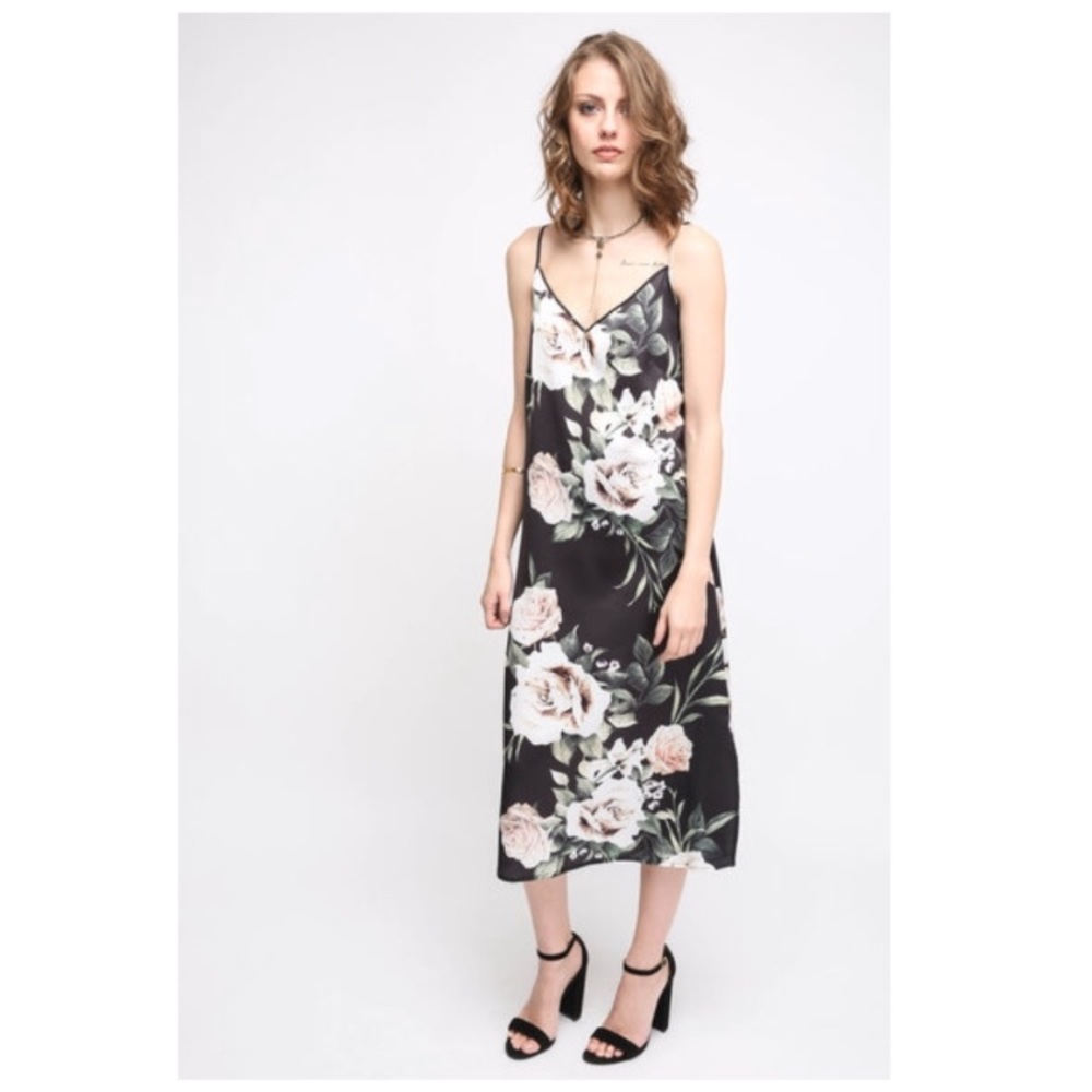 Two Arrows Black Floral ‘Woody’ Slip Midi Dress